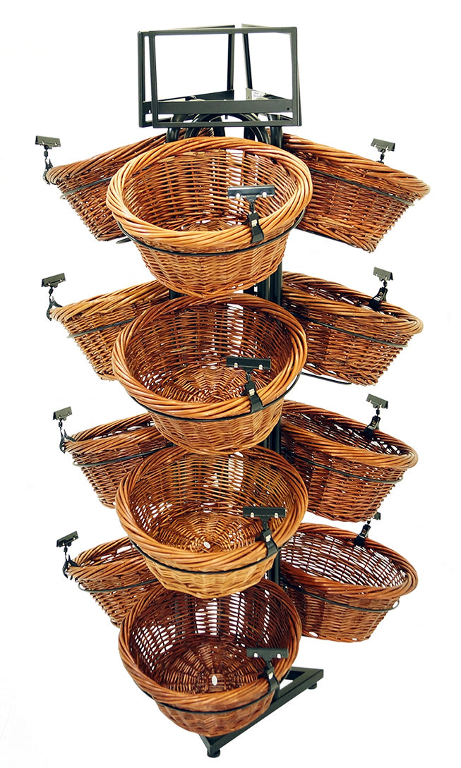 4-Tier Display with Triangle Base and 12 Round Willow Baskets