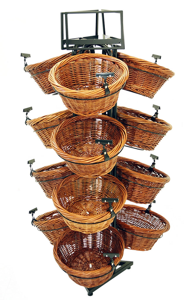 4-Tier Display with Triangle Base and 12 Round Willow Baskets