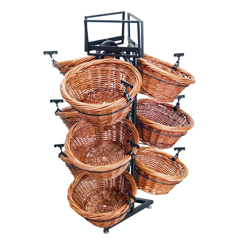 3-Tier Willow Basket Display with 9 Round Willow Baskets and Triangle Base