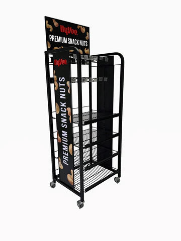 Custom Metal Snack Display with Four Wire Shelves, Hooks and Custom Gr ...